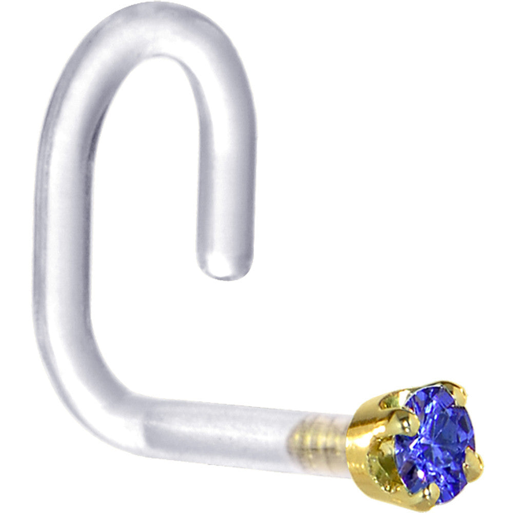 BodyCandy 18G 1/4 Yellow Gold 1.5mm Blue Cubic Zirconia Bioplast Nose Ring — detail close-up
