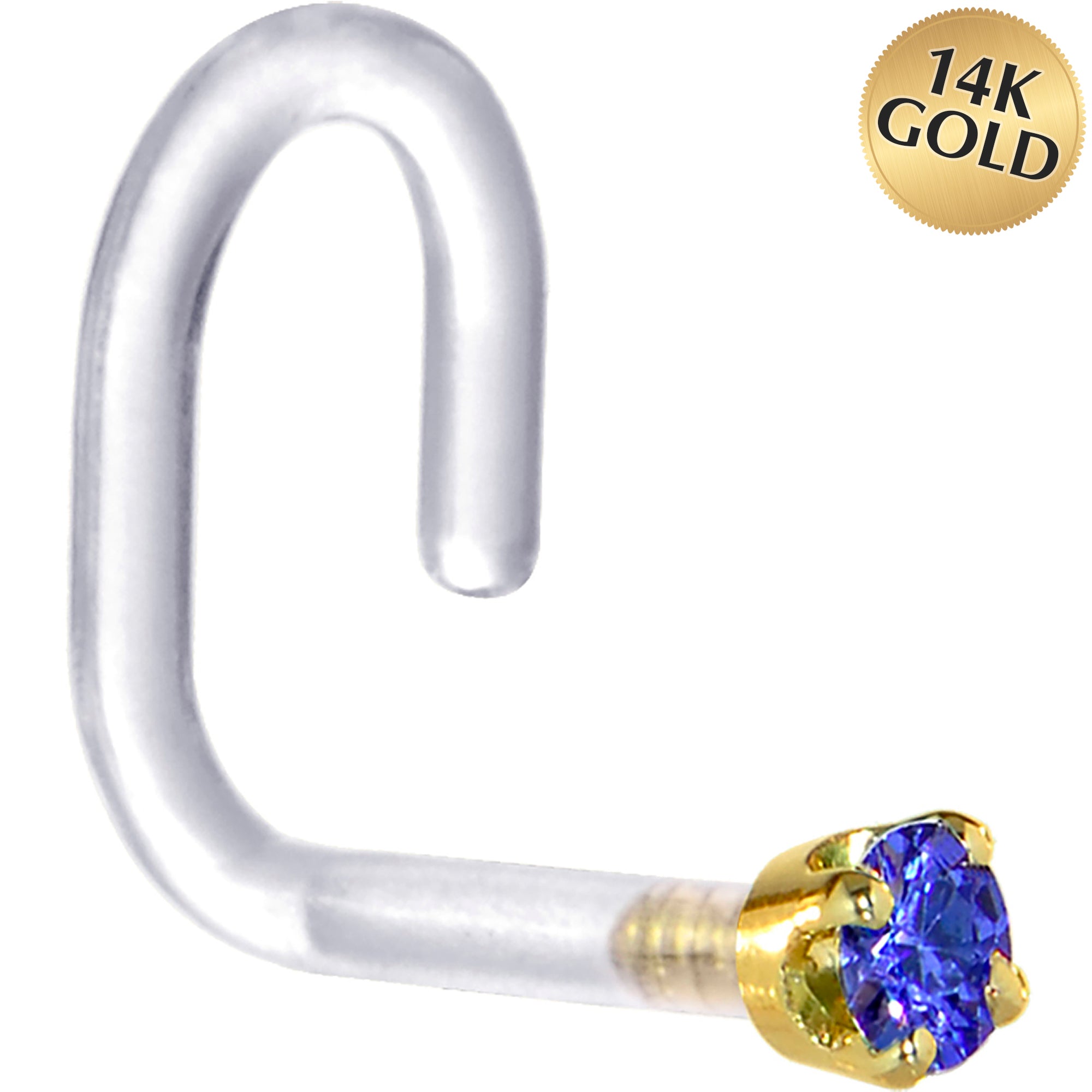 BodyCandy 18G 1/4 Yellow Gold 1.5mm Blue Cubic Zirconia Bioplast Nose Ring — main product shot