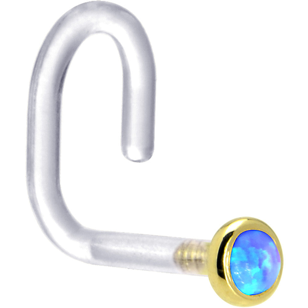 BodyCandy 18G 1/4 Yellow Gold 2mm Blue Synthetic Opal Bioplast Nose Ring — detail close-up