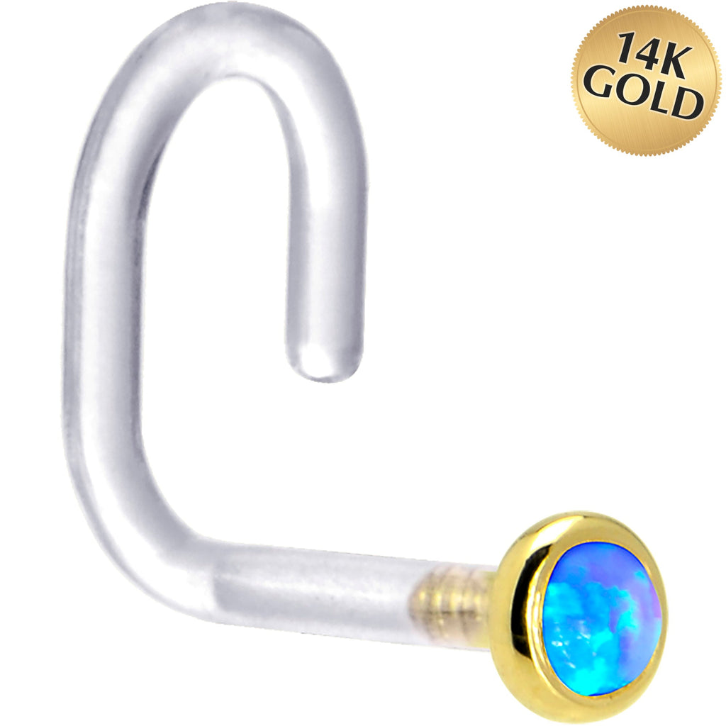 BodyCandy 18G 1/4 Yellow Gold 2mm Blue Synthetic Opal Bioplast Nose Ring — main product shot