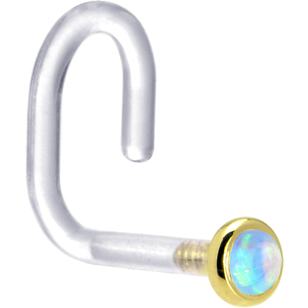 BodyCandy 18G 1/4 Yellow Gold 2mm Light Blue Synthetic Opal Bioplast Nose Ring — detail close-up