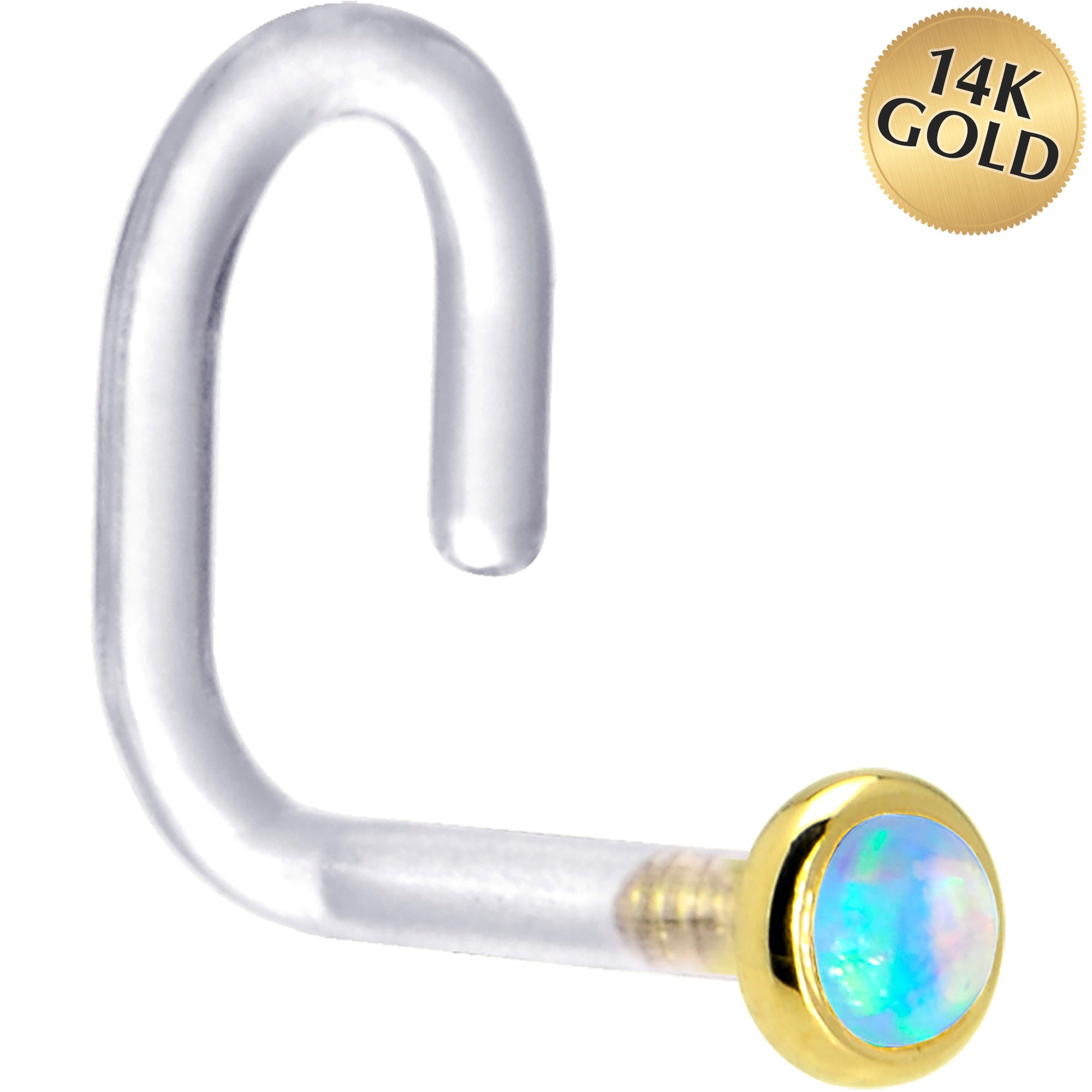 BodyCandy 18G 1/4 Yellow Gold 2mm Light Blue Synthetic Opal Bioplast Nose Ring — main product shot