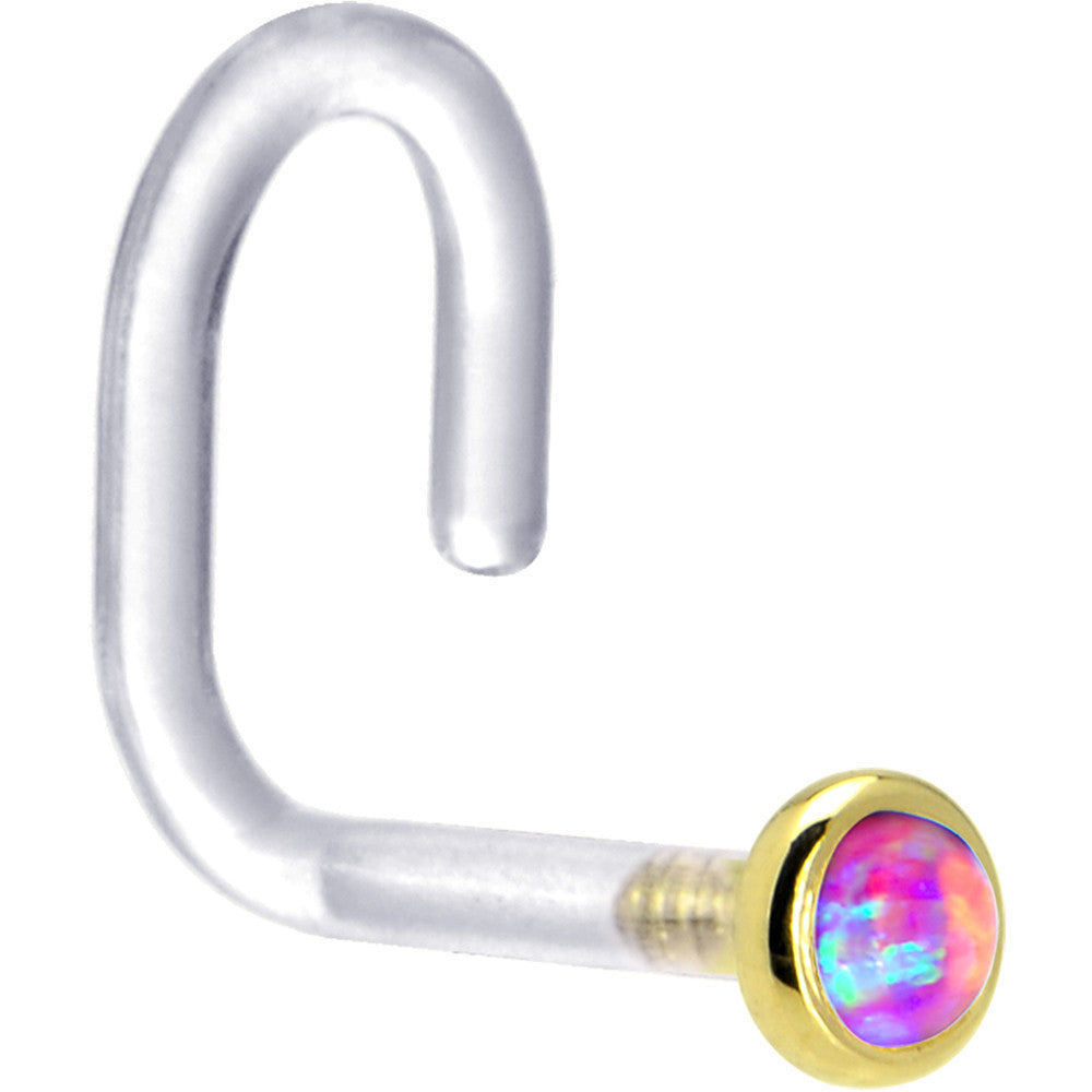 BodyCandy 18G 1/4 Yellow Gold 2mm Purple Synthetic Opal Bioplast Nose Ring — detail close-up