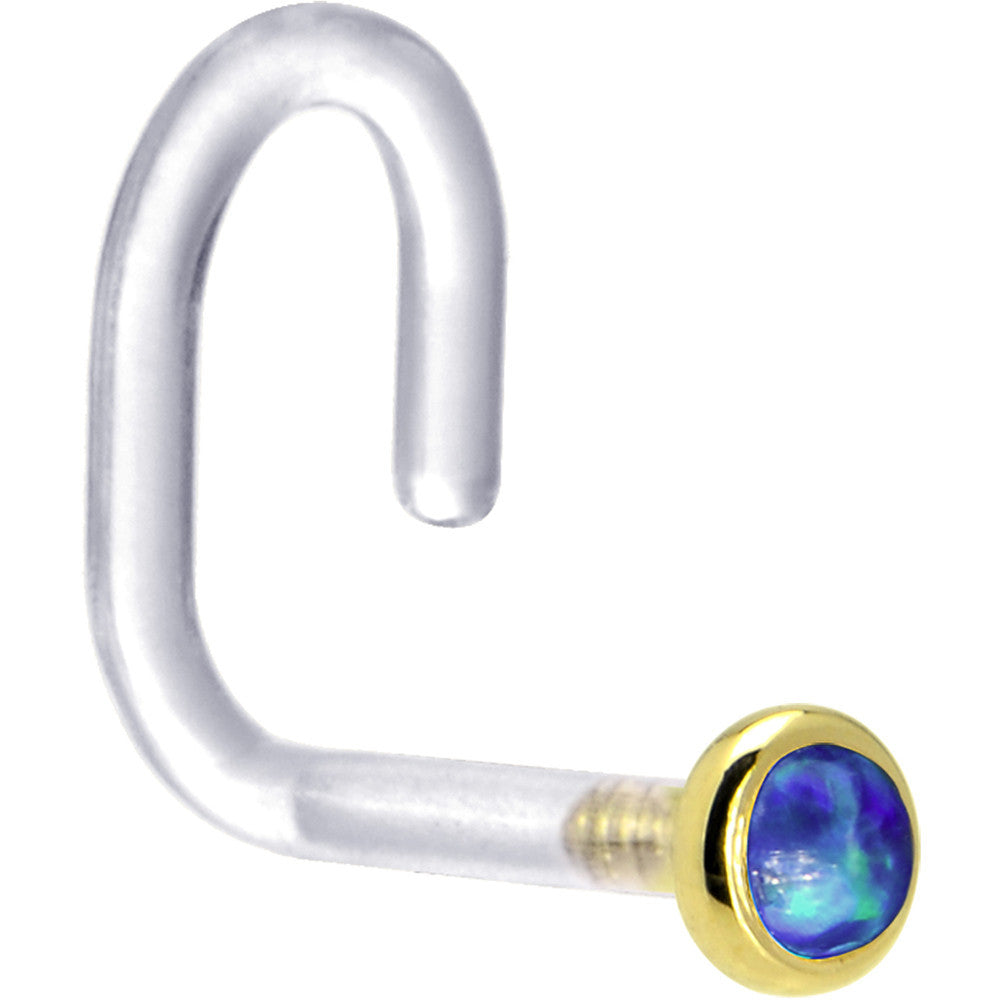 BodyCandy 18G 1/4 Yellow Gold 2mm Dark Blue Synthetic Opal Bioplast Nose Ring — detail close-up