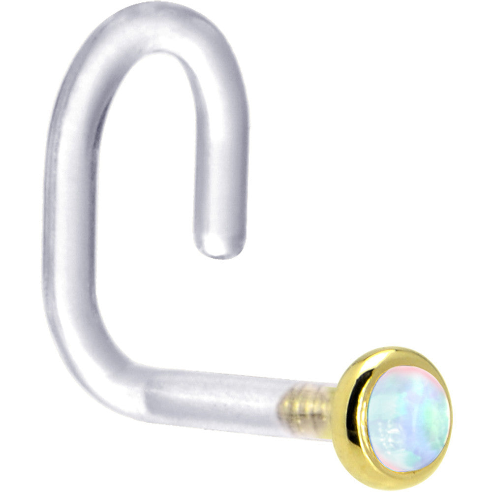 BodyCandy 18G 1/4 Yellow Gold 2mm White Synthetic Opal Bioplast Nose Ring — detail close-up