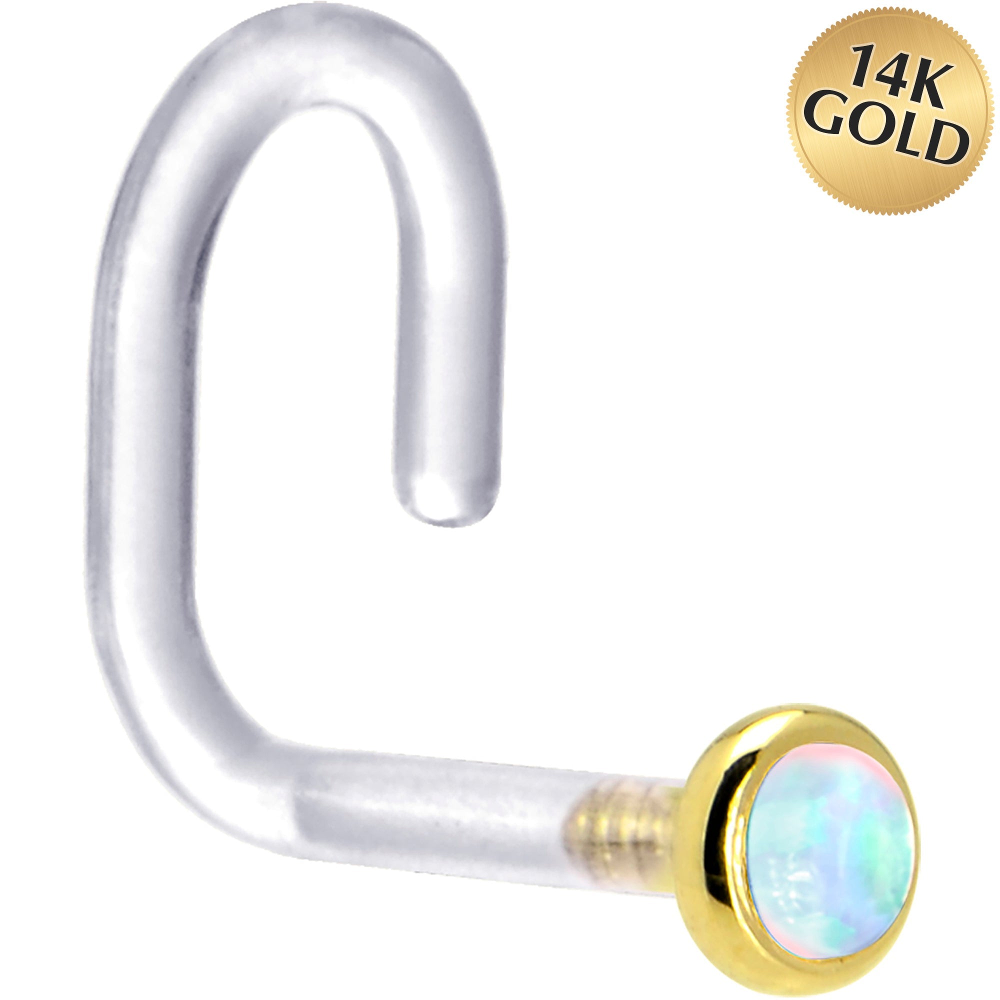 BodyCandy 18G 1/4 Yellow Gold 2mm White Synthetic Opal Bioplast Nose Ring — main product shot