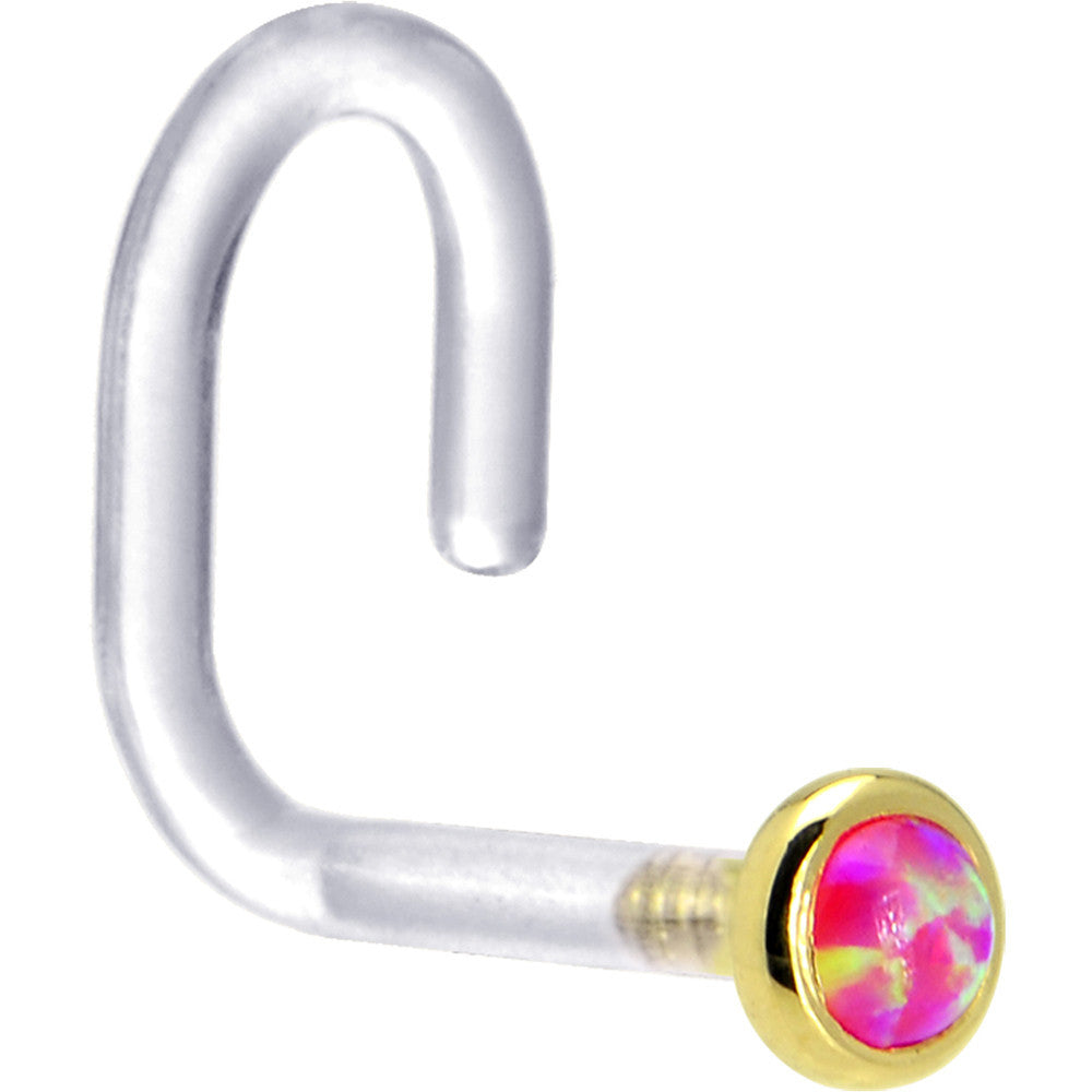 BodyCandy 18G 1/4 Yellow Gold 2mm Brilliant Pink Synthetic Opal Bioplast Nose Ring — detail close-up