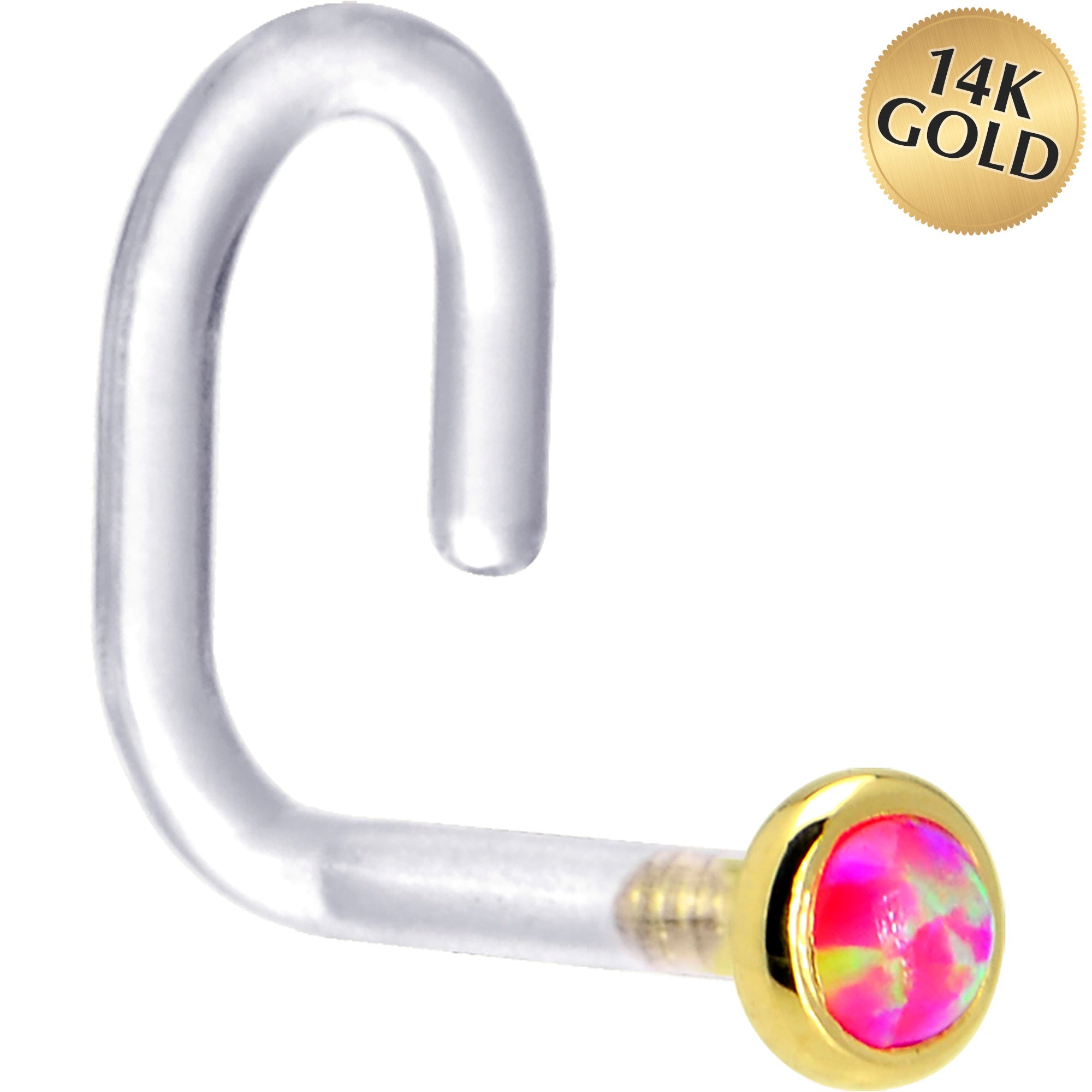 BodyCandy 18G 1/4 Yellow Gold 2mm Brilliant Pink Synthetic Opal Bioplast Nose Ring — main product shot