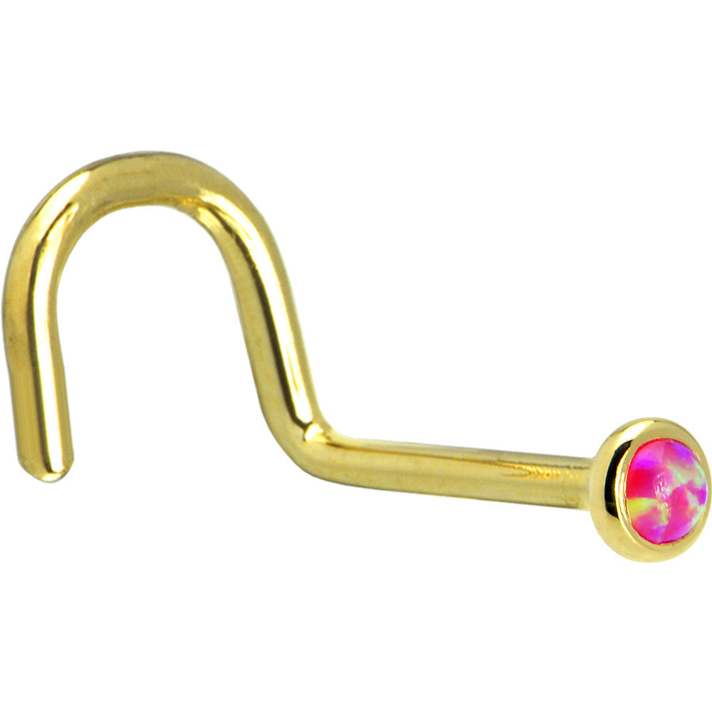 BodyCandy Solid 14K Yellow Gold 2mm Brilliant Pink Synthetic Opal Nose Ring — detail close-up
