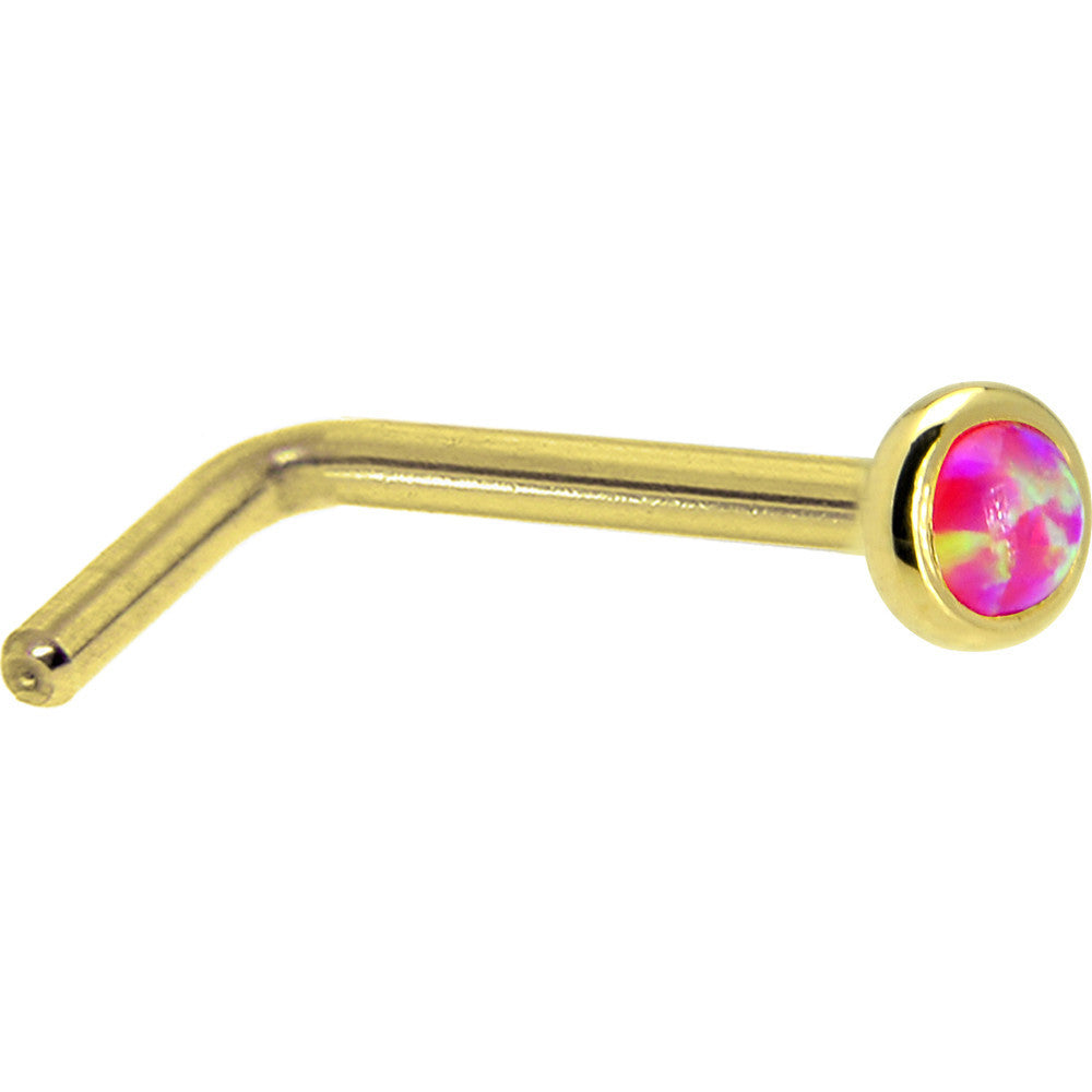 BodyCandy Solid 14K Yellow Gold 2mm Brilliant Pink Synthetic Opal Nose Ring — lifestyle context