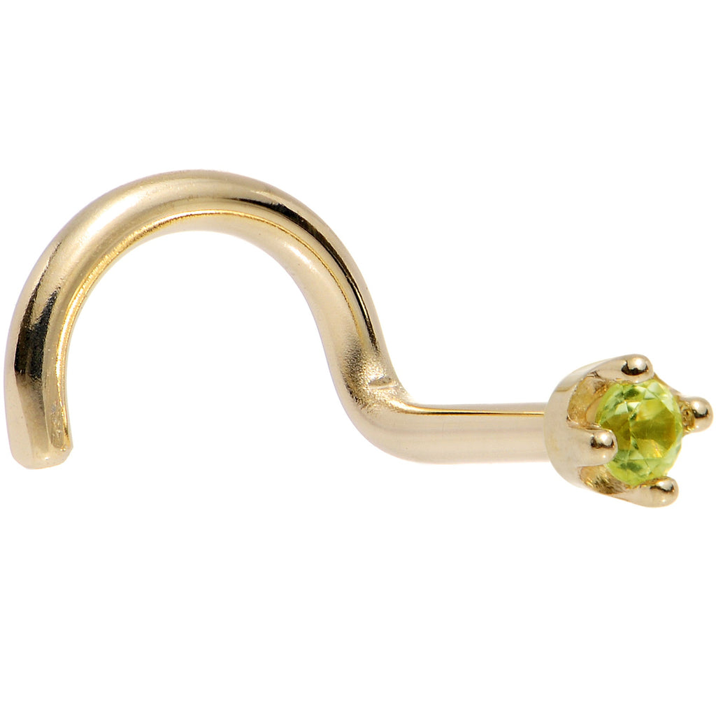 BodyCandy Solid 14K Yellow Gold 1.5mm Genuine Peridot Nose Ring — detail close-up