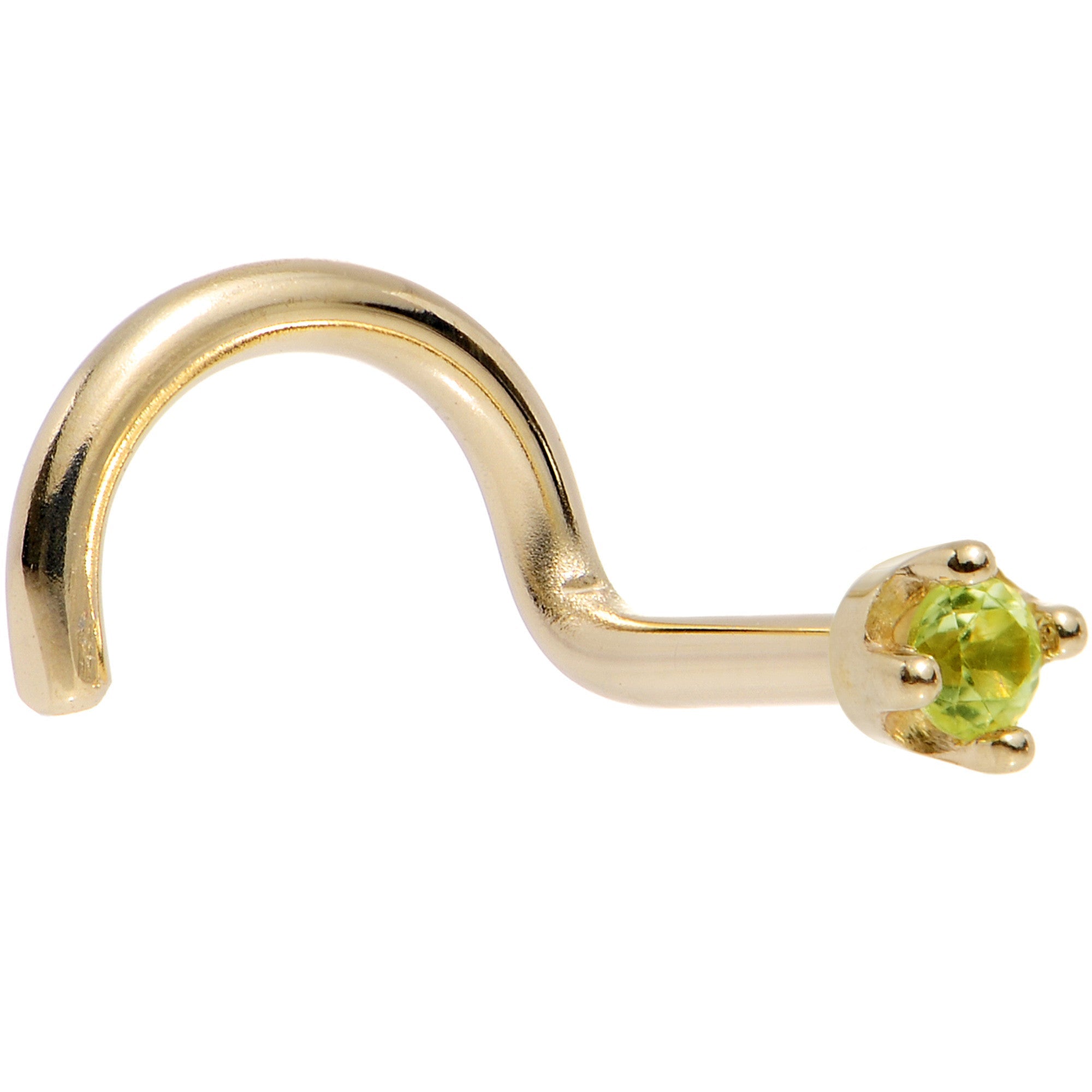 BodyCandy Solid 18K Yellow Gold 1.5mm Genuine Peridot Nose Ring — detail close-up