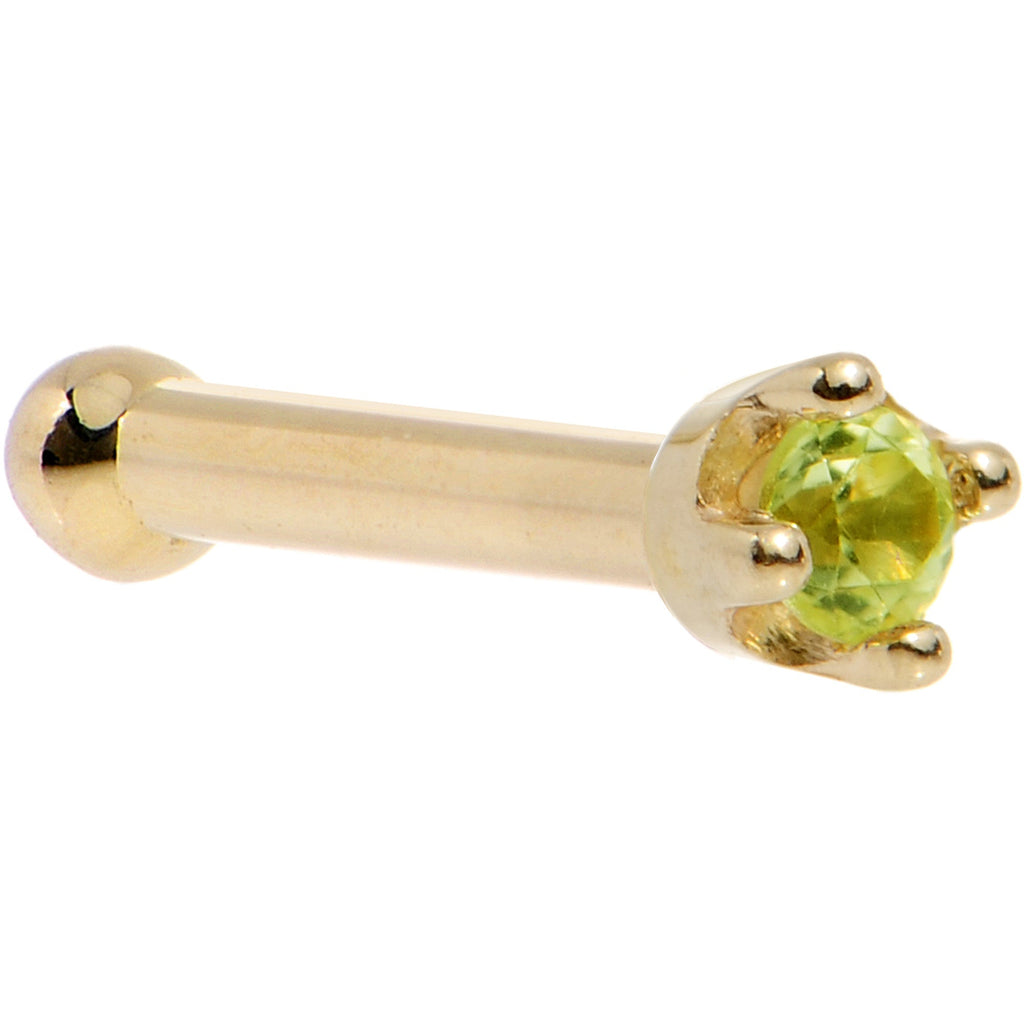 BodyCandy Solid 14K Yellow Gold 1.5mm Genuine Peridot Nose Ring — side view