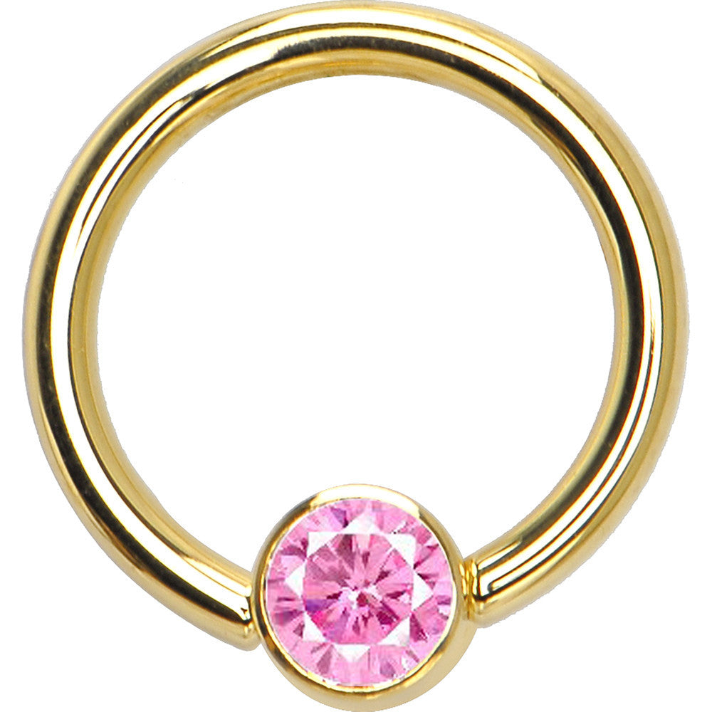 BodyCandy 14G 3/8 Solid 14K Gold Pink CZ Gem BCR Captive Ring — detail close-up