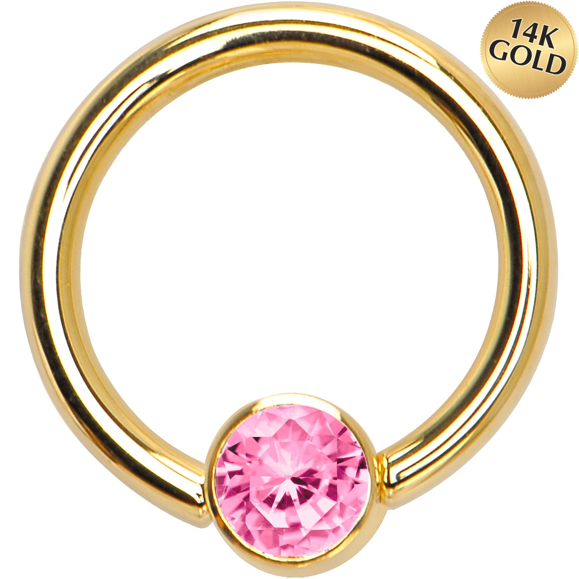 BodyCandy 14G 3/8 Solid 14K Gold Pink CZ Gem BCR Captive Ring — main product shot