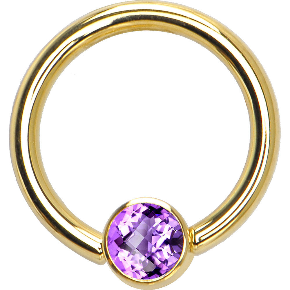 BodyCandy 14G 3/8 Solid 14K Gold Purple CZ Gem BCR Captive Ring — detail close-up