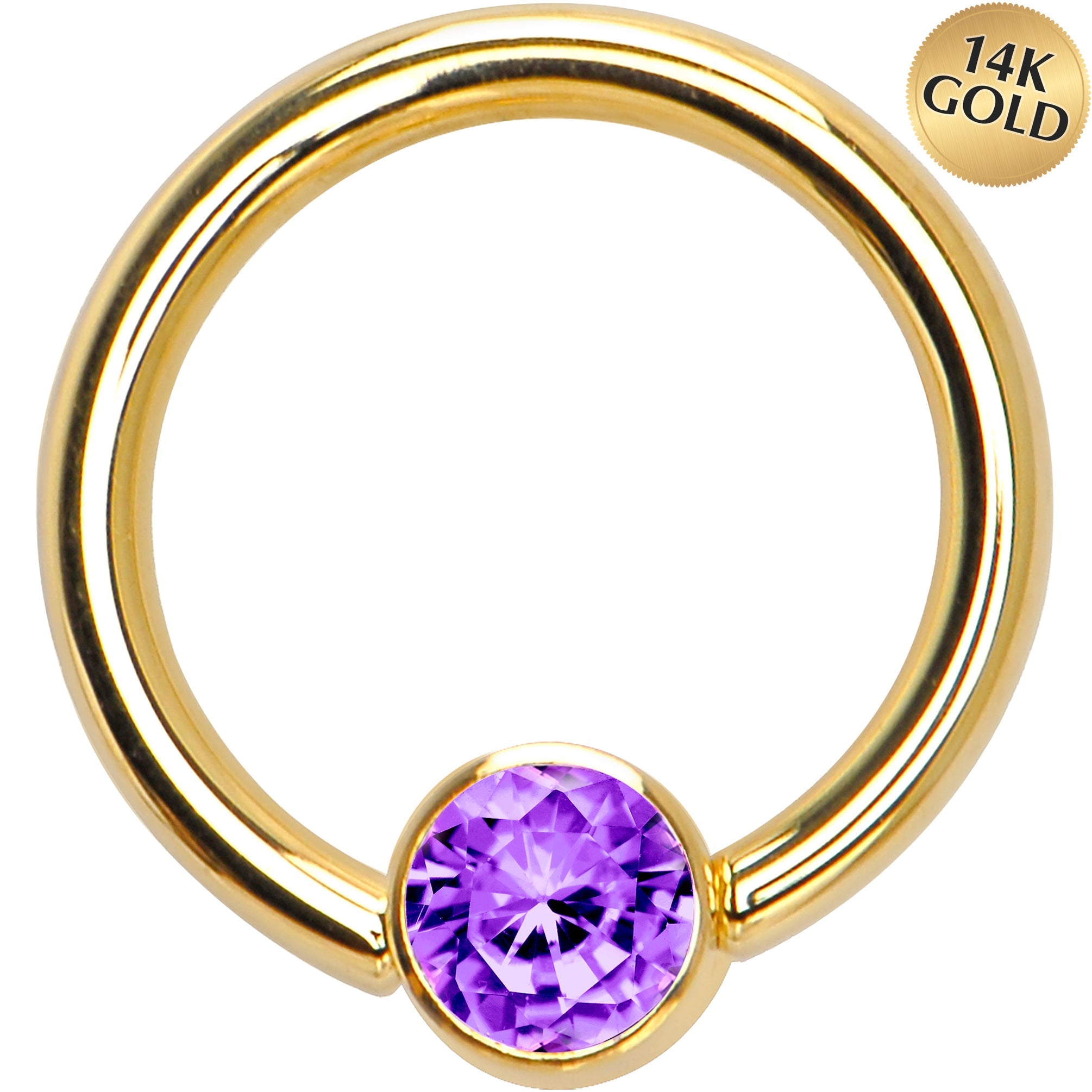 BodyCandy 14G 3/8 Solid 14K Gold Purple CZ Gem BCR Captive Ring — main product shot