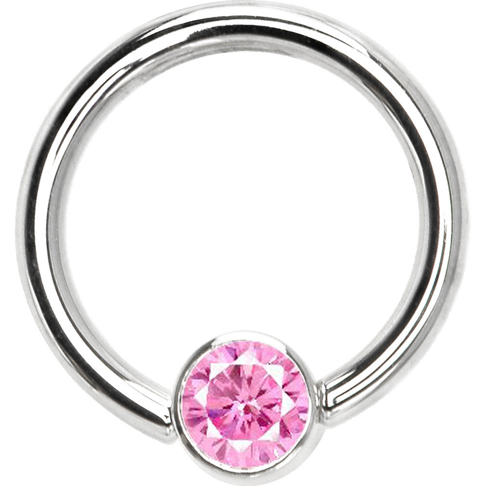 BodyCandy 14G 3/8 Solid 14K White Gold Pink CZ Gem Captive Ring — detail close-up