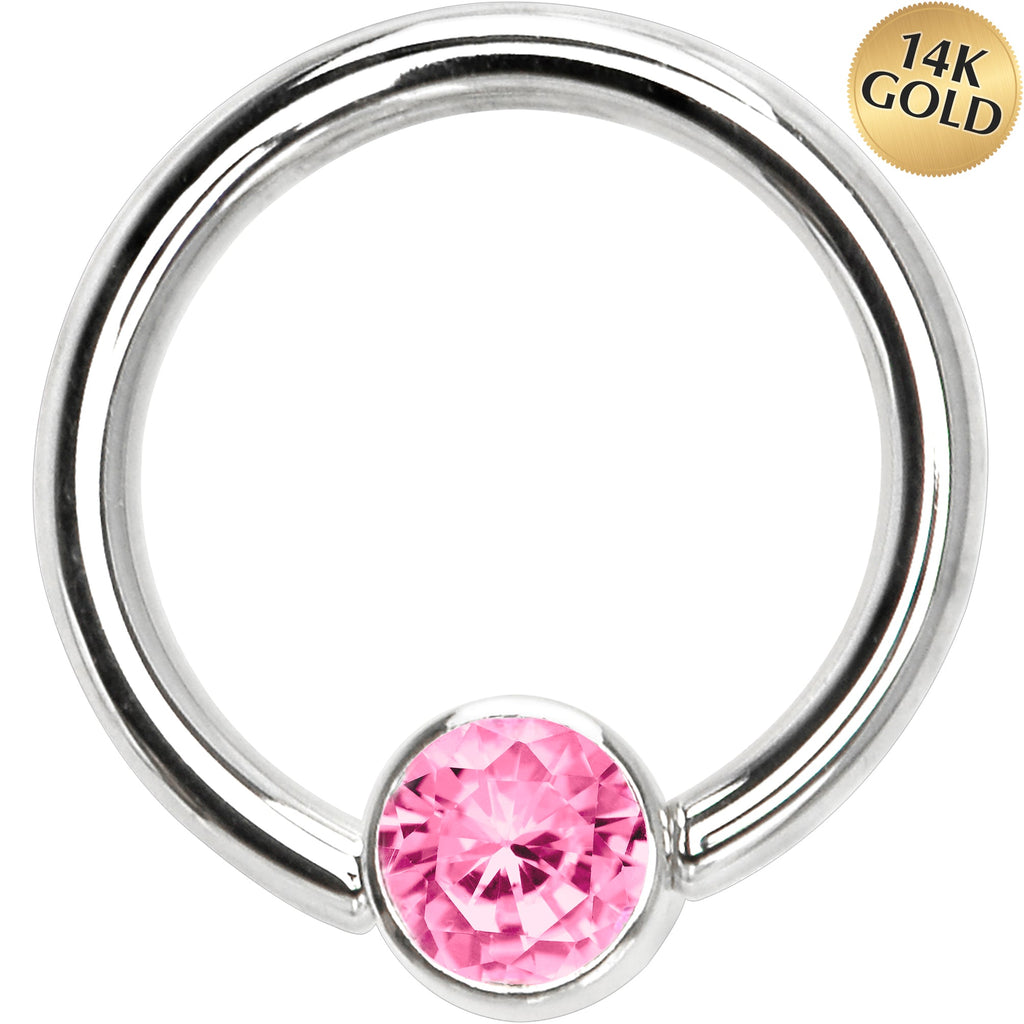 BodyCandy 14G 3/8 Solid 14K White Gold Pink CZ Gem Captive Ring — main product shot