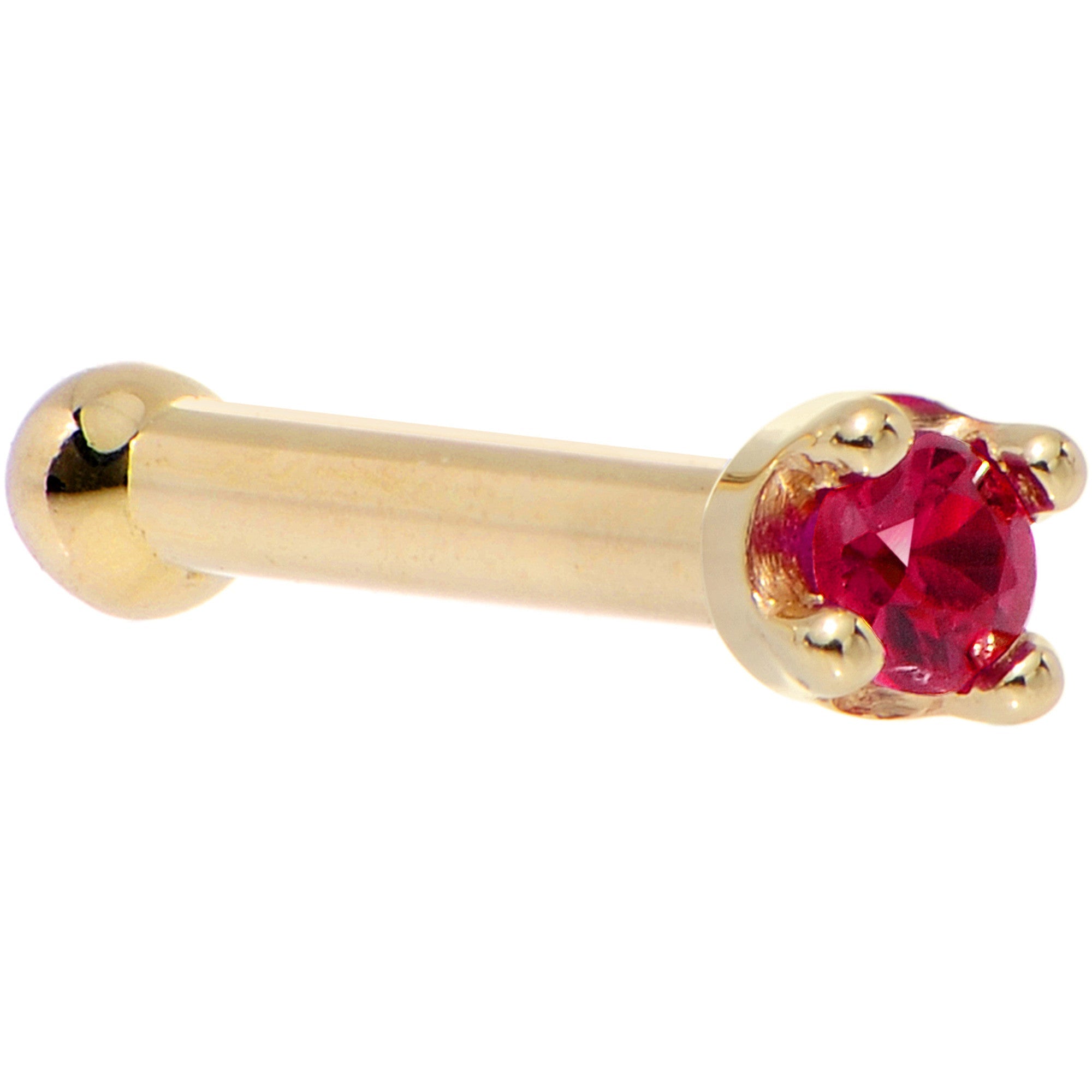 BodyCandy Solid 14K Yellow Gold 1.5mm Diamond Cut Genuine Ruby Nose Ring — side view