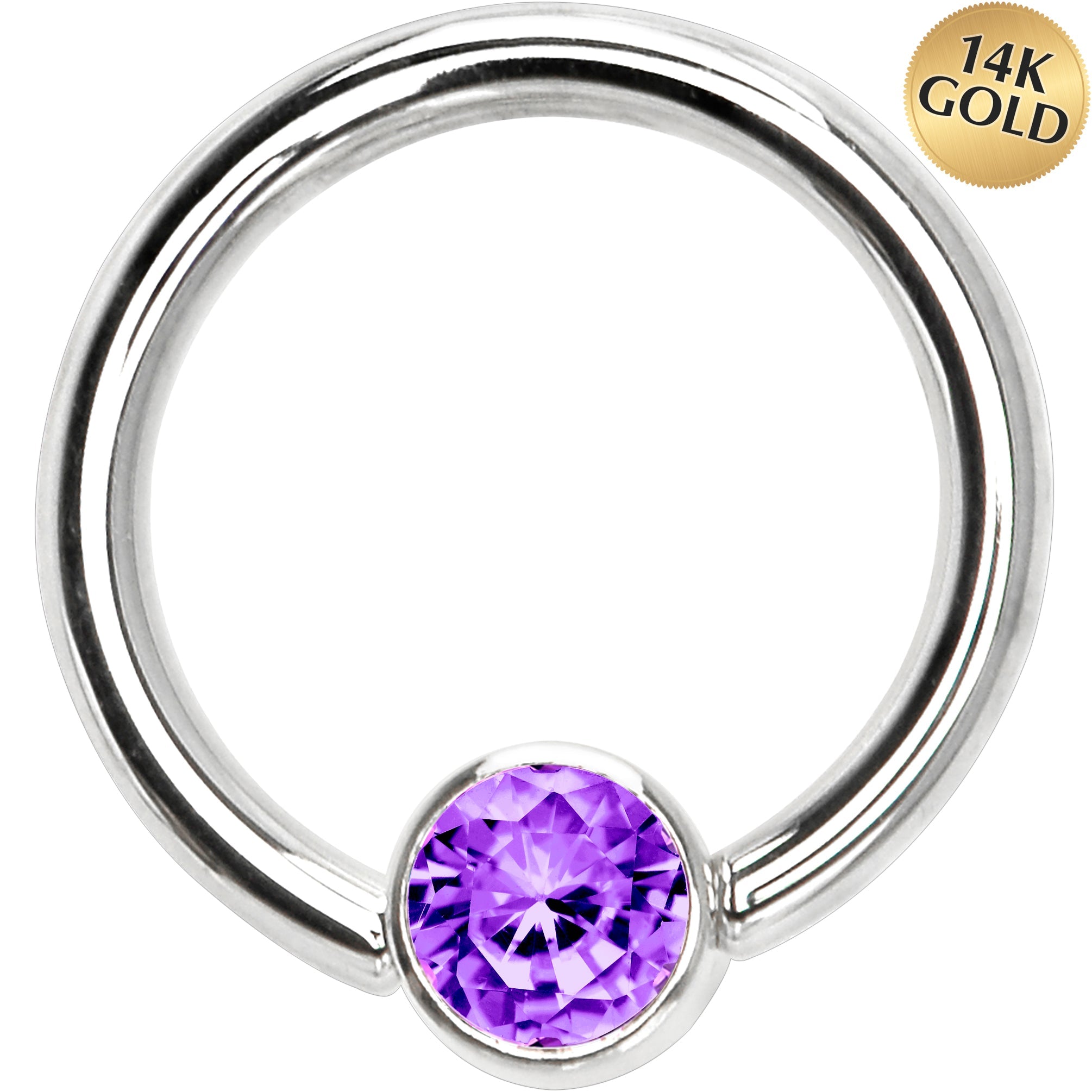 BodyCandy 14G 3/8 Solid 14K White Gold Purple CZ Gem Captive Ring — main product shot