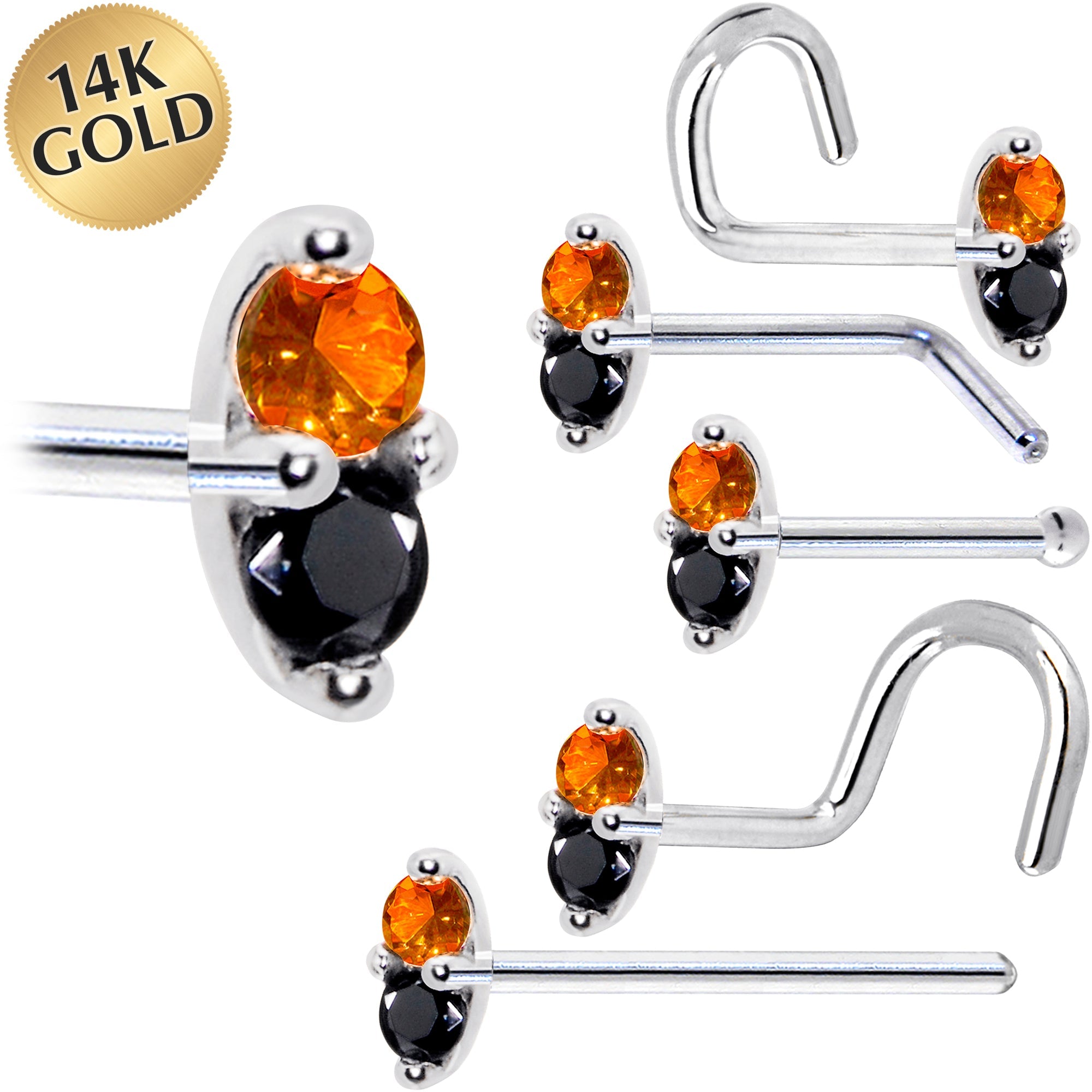 BodyCandy 14k White Gold Black Orange 1.5mm CZ Marquise Nose Ring — main product shot