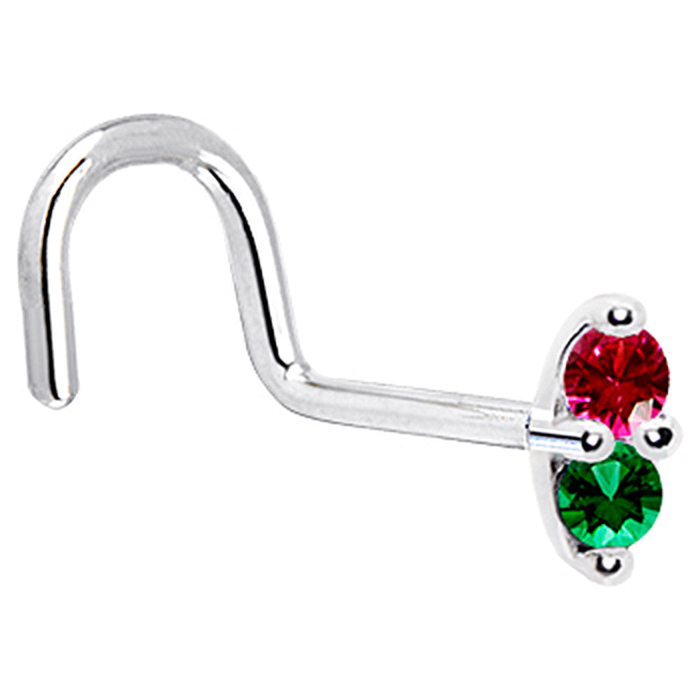 BodyCandy 14k White Gold Red Green 1.5mm CZ Marquise Nose Ring — detail close-up