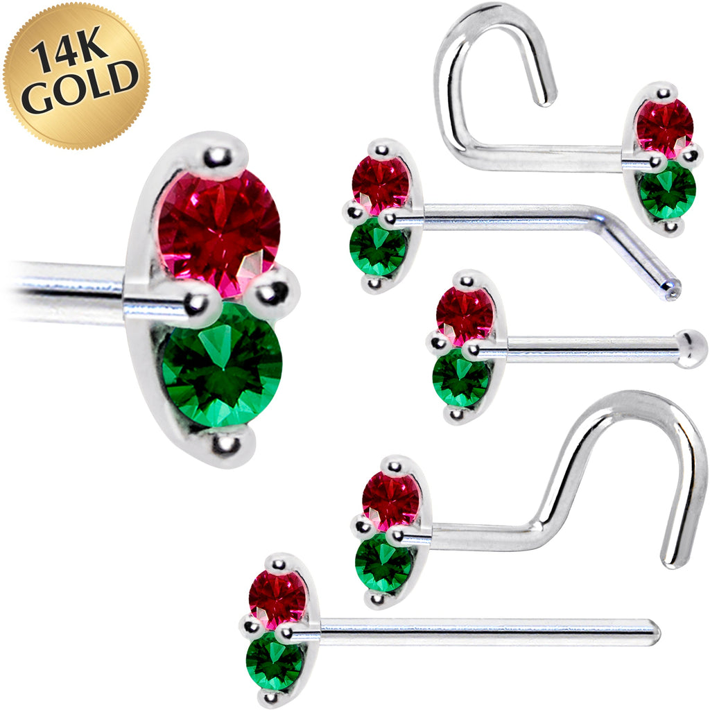 BodyCandy 14k White Gold Red Green 1.5mm CZ Marquise Nose Ring — main product shot