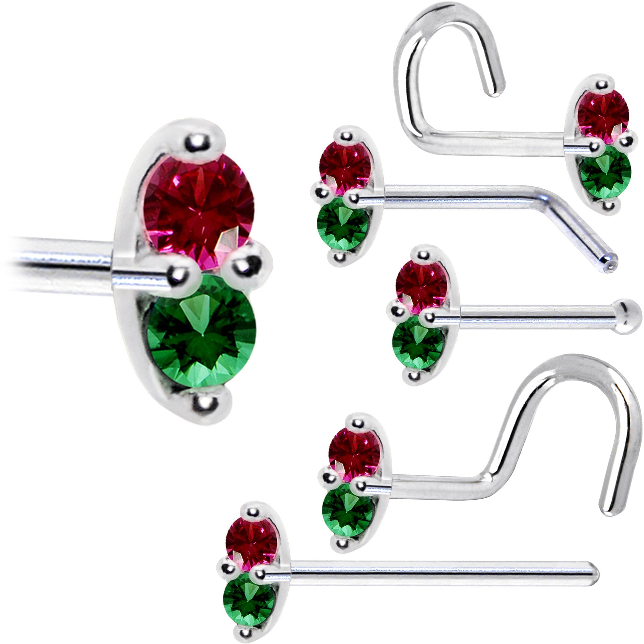 BodyCandy 14k White Gold Red Green 1.5mm CZ Marquise Nose Ring — side view