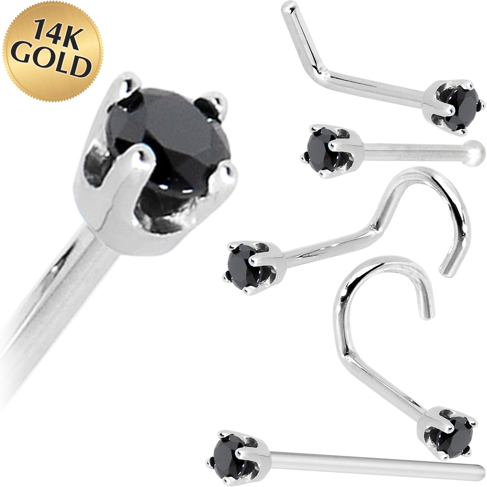 BodyCandy Solid 14K White Gold 2mm Black Cubic Zirconia Nose Ring — main product shot