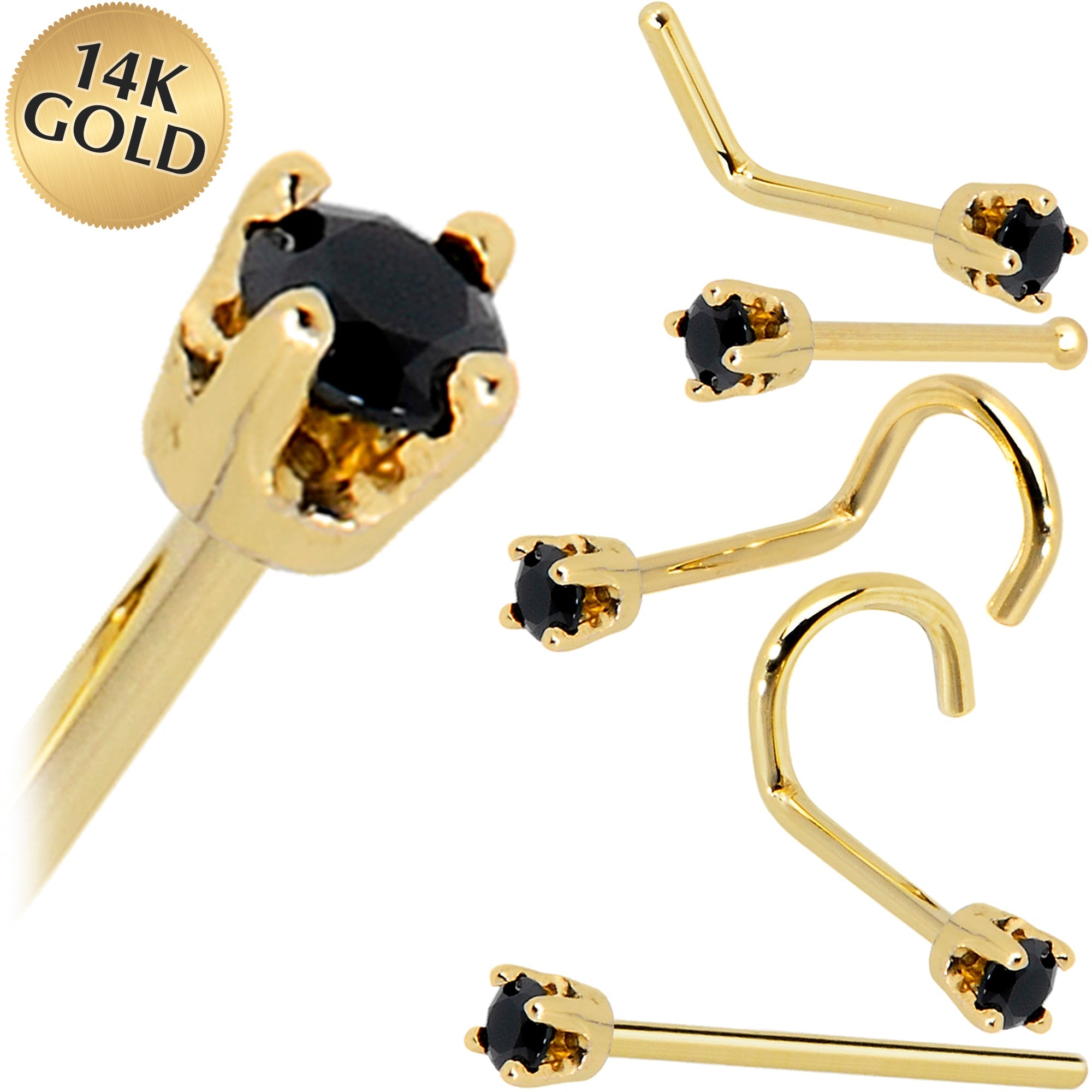 BodyCandy Solid 14K Yellow Gold 2mm Black Cubic Zirconia Nose Ring — main product shot