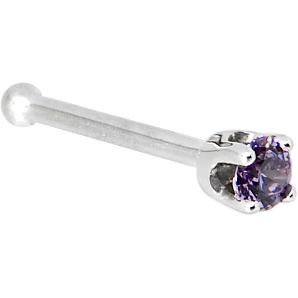 BodyCandy Solid 14K White Gold 2mm Amethyst Cubic Zirconia Nose Ring — detail close-up