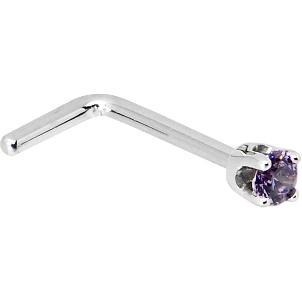 BodyCandy Solid 14K White Gold 2mm Amethyst Cubic Zirconia Nose Ring — side view