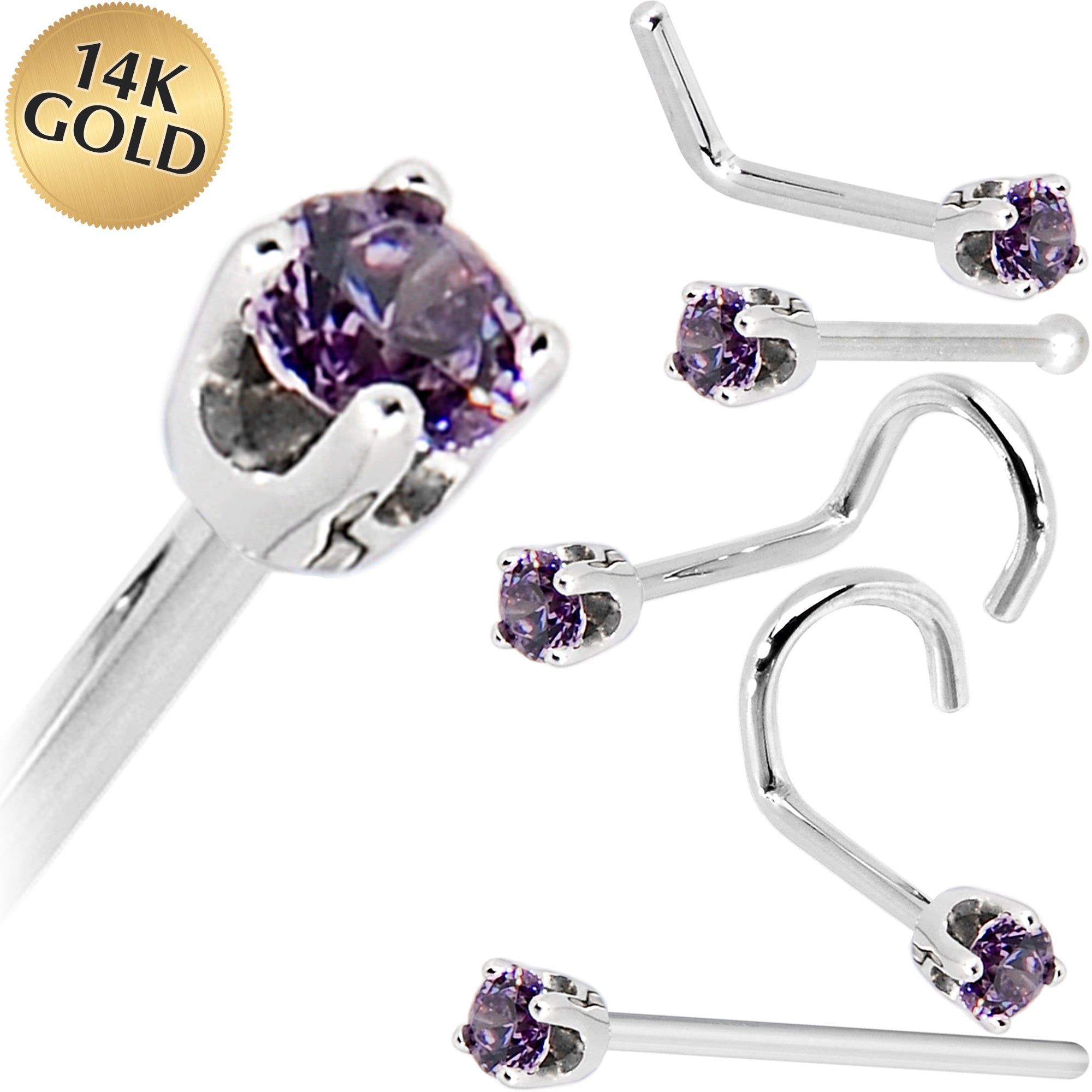 BodyCandy Solid 14K White Gold 2mm Amethyst Cubic Zirconia Nose Ring — main product shot