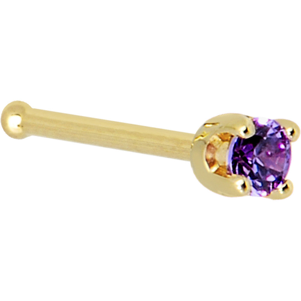 BodyCandy Solid 14K Yellow Gold 2mm Amethyst Cubic Zirconia Nose Ring — detail close-up