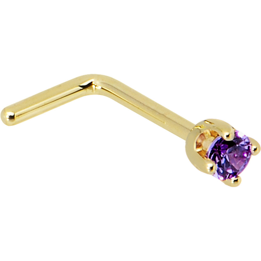 BodyCandy Solid 14K Yellow Gold 2mm Amethyst Cubic Zirconia Nose Ring — side view