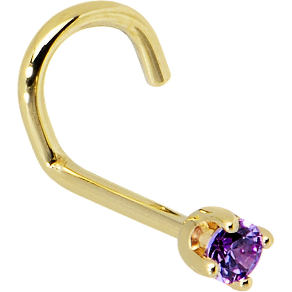 BodyCandy Solid 14K Yellow Gold 2mm Amethyst Cubic Zirconia Nose Ring — back view