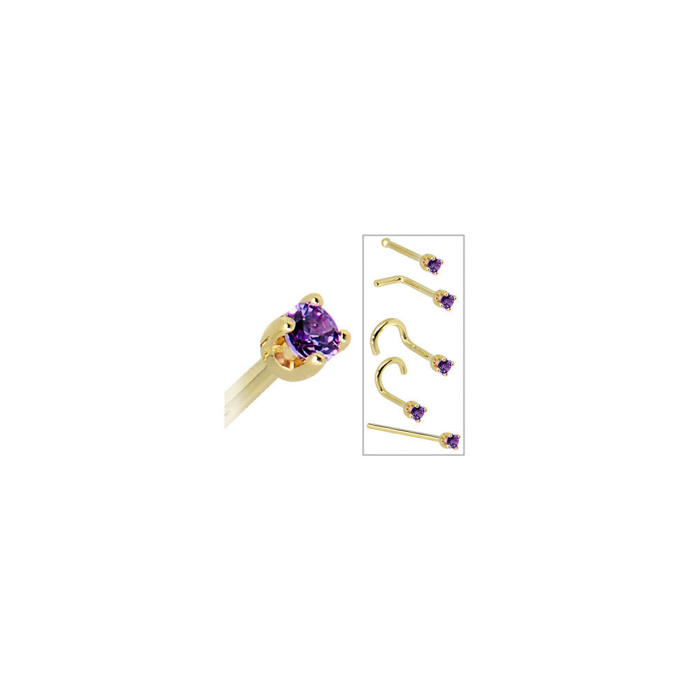 BodyCandy Solid 14K Yellow Gold 2mm Amethyst Cubic Zirconia Nose Ring — in-use photo
