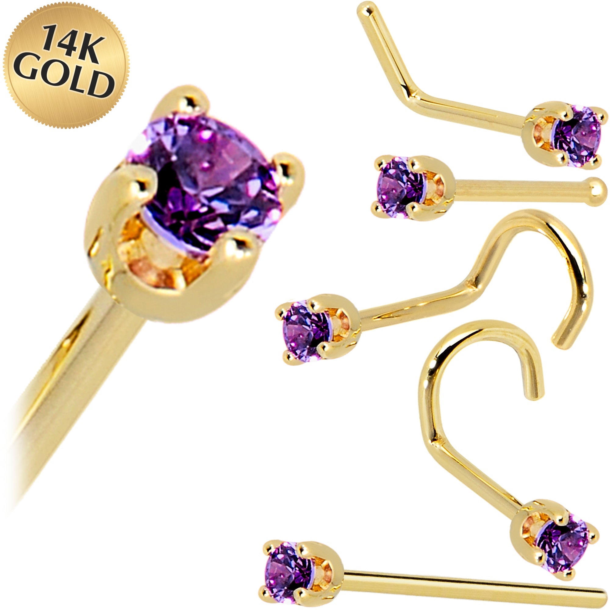 BodyCandy Solid 14K Yellow Gold 2mm Amethyst Cubic Zirconia Nose Ring — main product shot