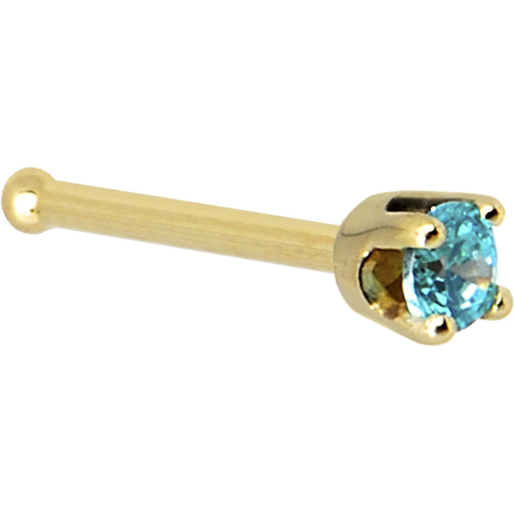 BodyCandy Solid 14K Yellow Gold 2mm Mint Green Cubic Zirconia Nose Ring — detail close-up