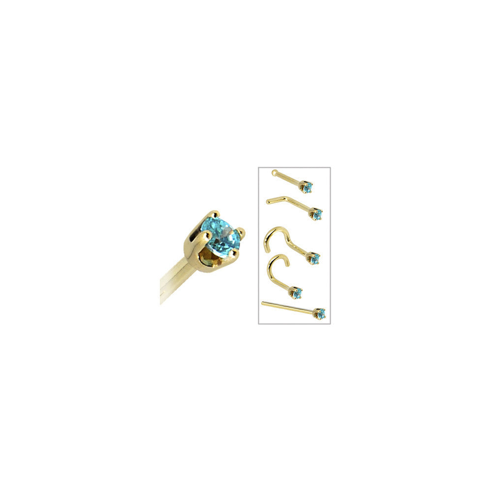 BodyCandy Solid 14K Yellow Gold 2mm Mint Green Cubic Zirconia Nose Ring — in-use photo