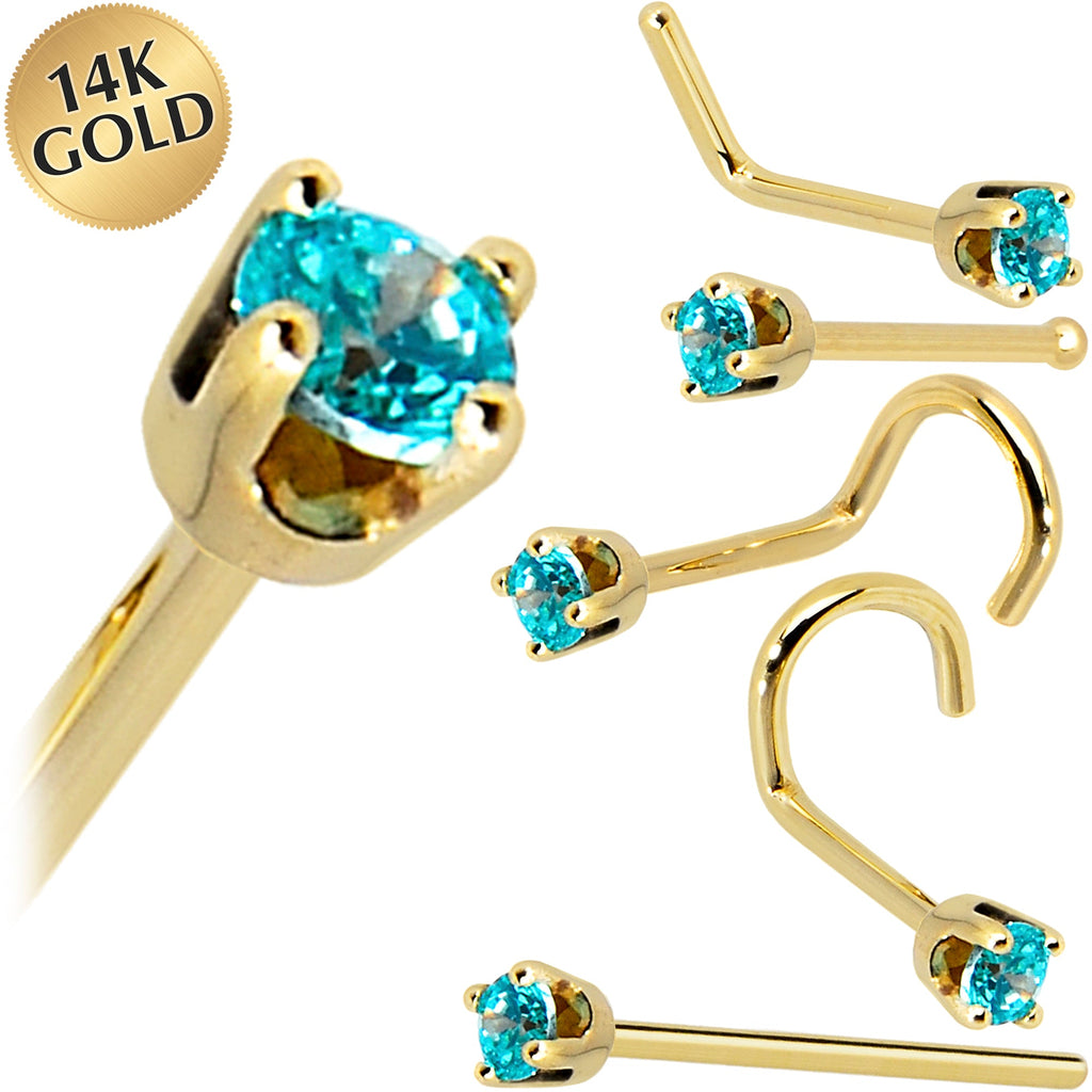BodyCandy Solid 14K Yellow Gold 2mm Mint Green Cubic Zirconia Nose Ring — main product shot
