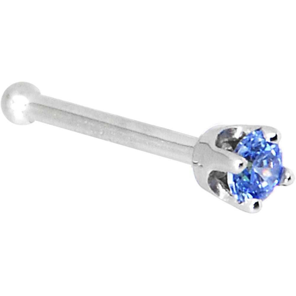 BodyCandy Solid 14K White Gold 2mm Arctic Blue Cubic Zirconia Nose Ring — detail close-up