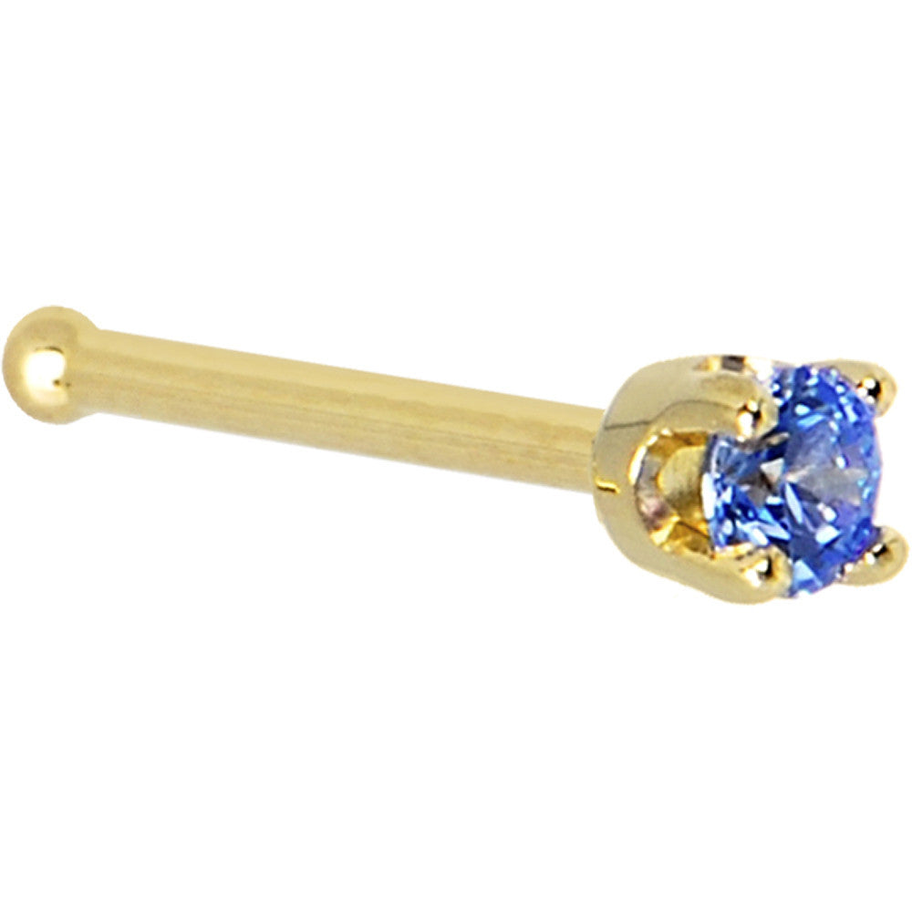 BodyCandy Solid 14K Yellow Gold 2mm Arctic Blue Cubic Zirconia Nose Ring — detail close-up