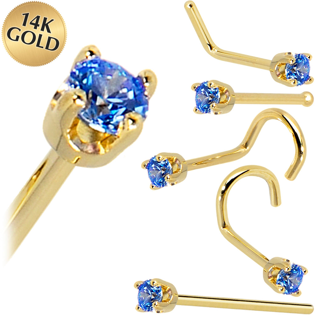 BodyCandy Solid 14K Yellow Gold 2mm Arctic Blue Cubic Zirconia Nose Ring — main product shot