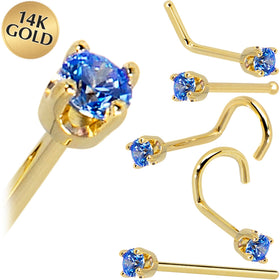 Solid 14K Yellow Gold 2mm Arctic Blue Cubic Zirconia Nose Ring