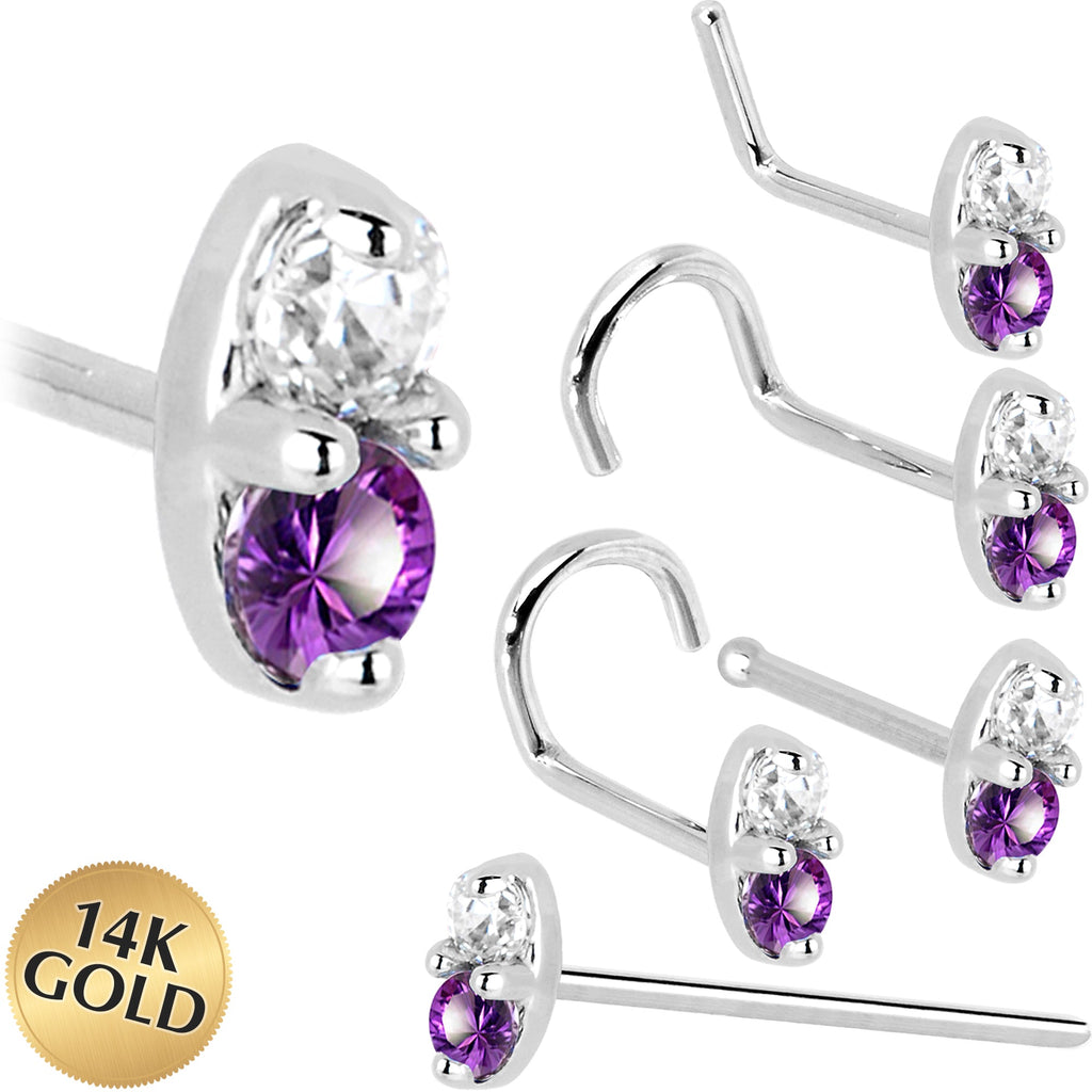 BodyCandy 14k White Gold Amethyst 1.5mm CZ Marquise Nose Ring — main product shot