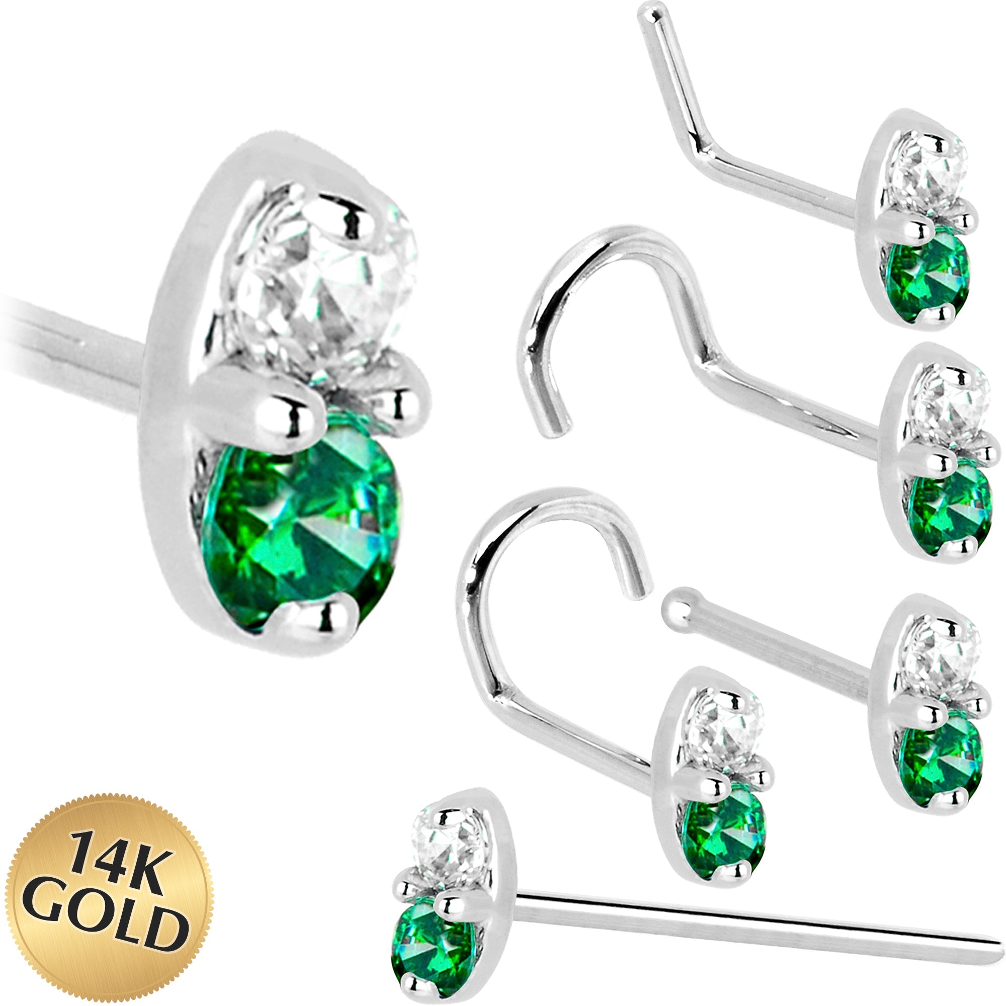 BodyCandy 14k White Gold Green 1.5mm CZ Marquise Nose Ring — main product shot