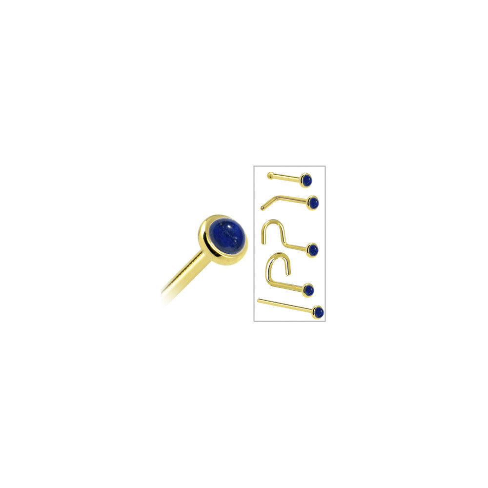 BodyCandy Solid 14K Yellow Gold 2mm Lapis Lazuli Straight Nose Ring — in-use photo