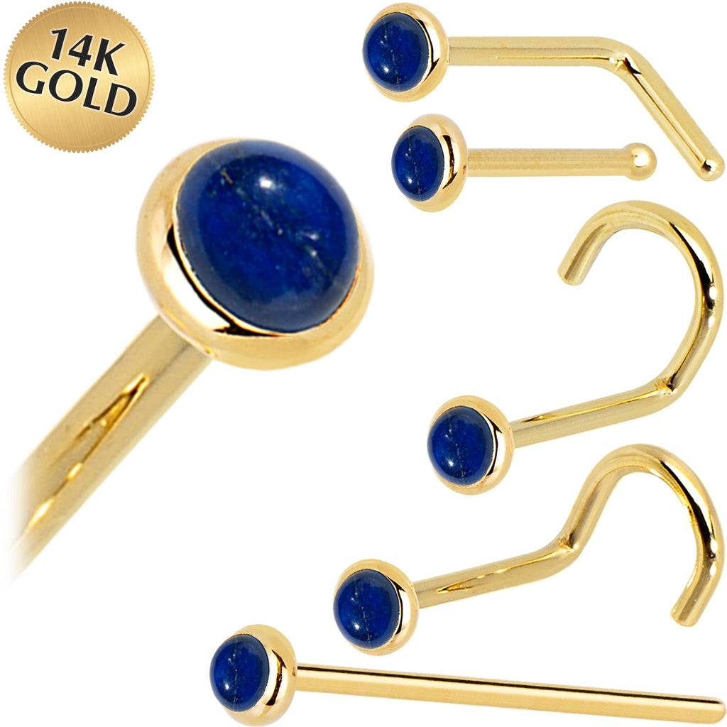 BodyCandy Solid 14K Yellow Gold 2mm Lapis Lazuli Straight Nose Ring — main product shot
